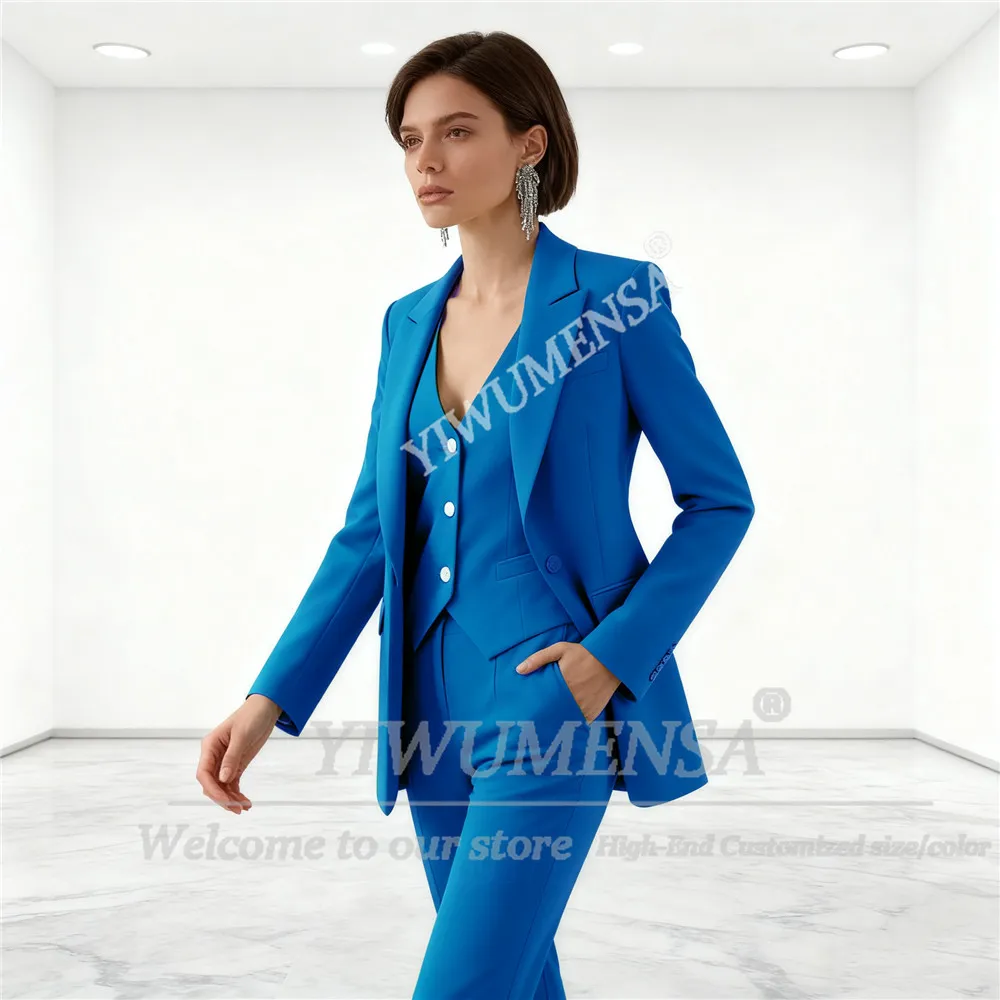 

Простой однотонный синий костюм, женский однобортный комплект из трех предметов по индивидуальному заказу, пальто, жилет, брюки, вечерние пиджаки, женские деловые наряды