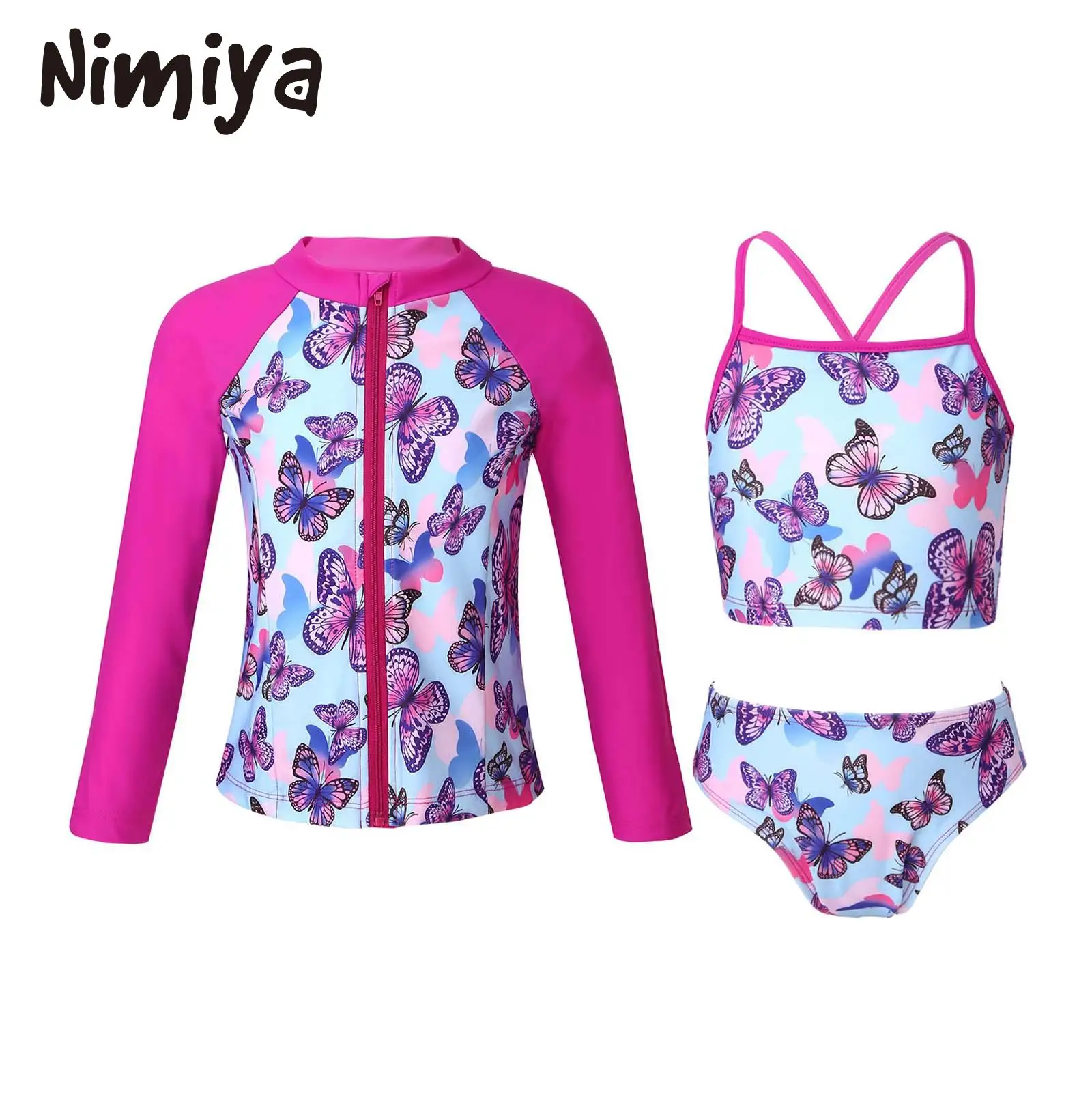 Nimiya Kids Girls 3Pcs Summer Beach Swimwear Set Long Sleeves with Front  Zipper Closure Coats /Tops/& Briefs Bathing Swimsuits