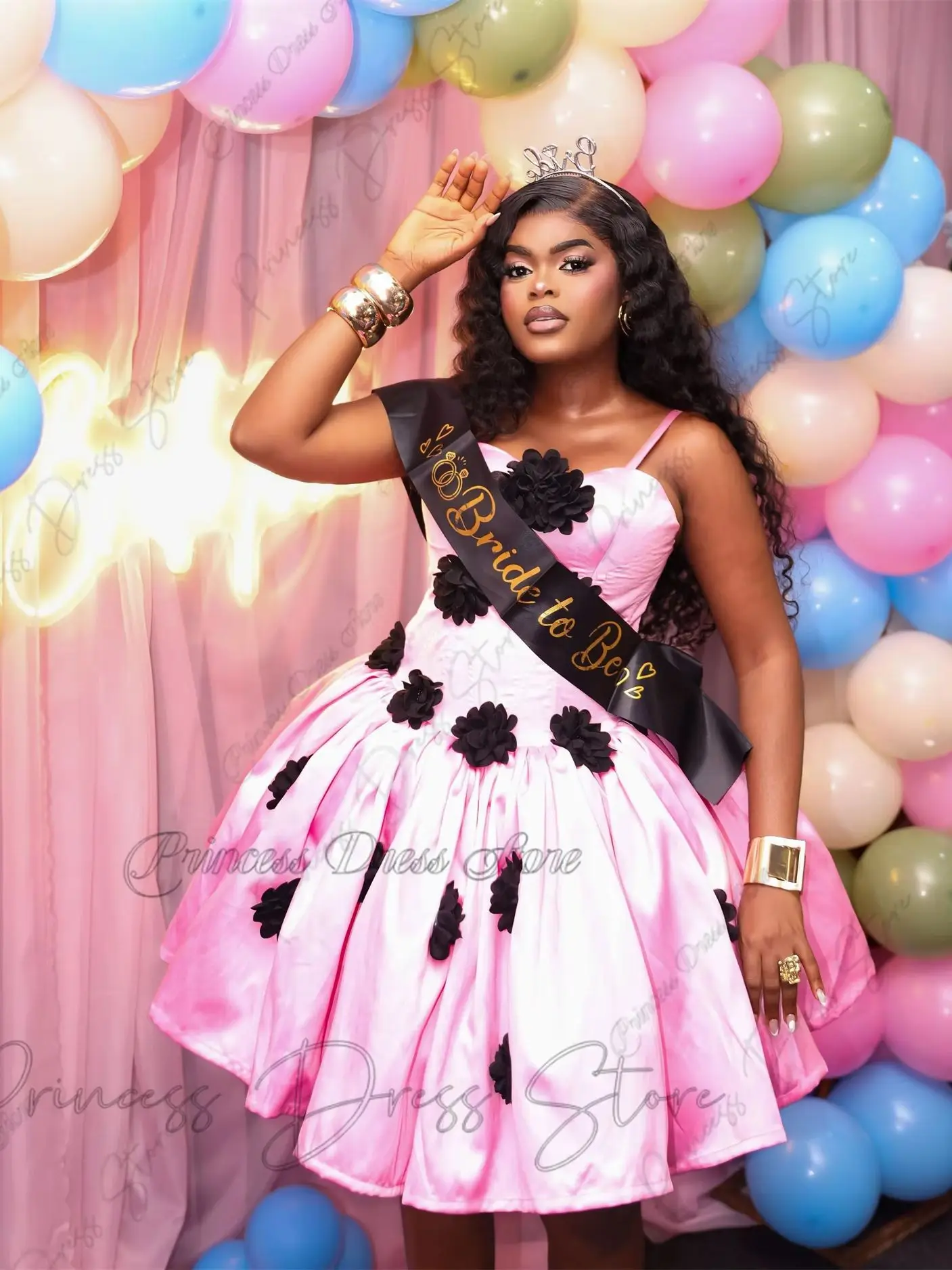 Sweet Satin Spaghetti Strap Short Evening Dress 3D Black Floral Decor African Party Gown Customized Color Plus‑Size for Bridal