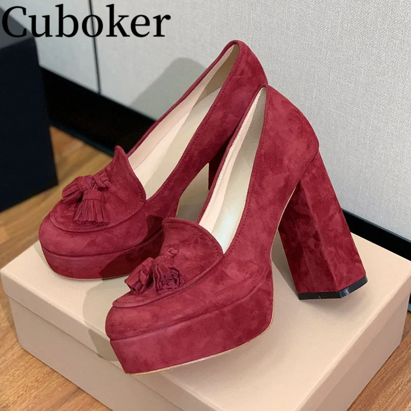 

Designer Brand Suede Tassel Pumps Round Toe Platform High Heels Runway Party Dress Shoes Women 2024 Spring Women's shoes Heels