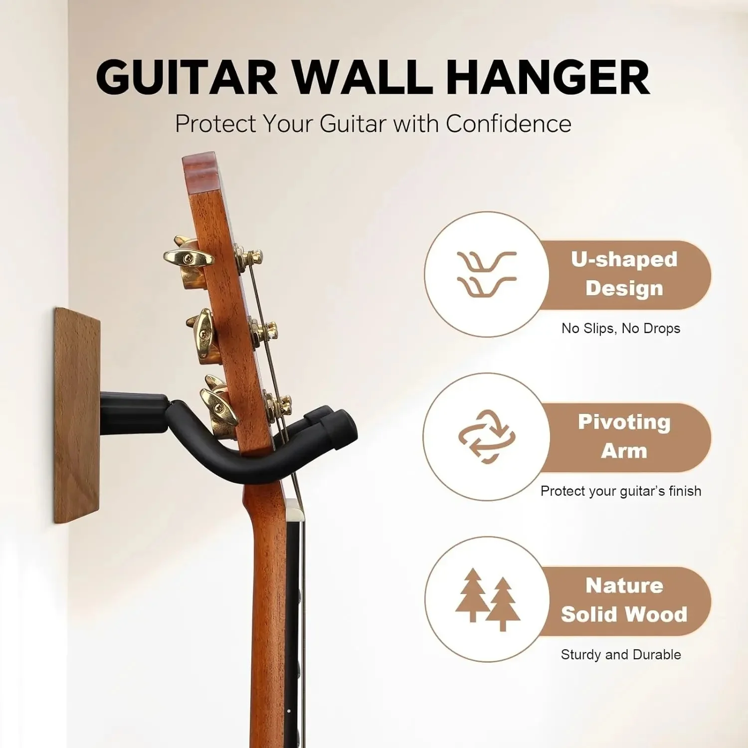 Wall Mount Guitar Hook with Hardware, Secure Hanger for Electric Guitar, Bass, and Ukulele Display - Detail 1
