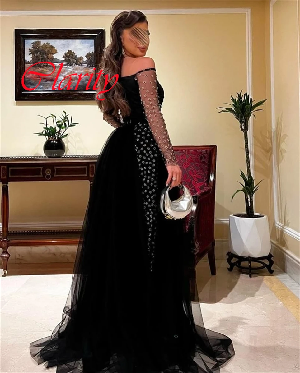 Customized Delicate Black Jersey Evening Dress Exquisite Strapless Off the Shoulder Long Sleeves Zipper Back Homecoming Dress