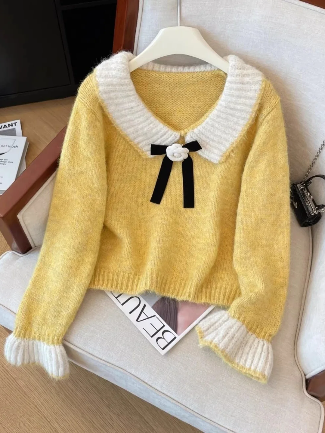 

Мягкий вязаный свободный женский свитер с узлом и 3D-цветочным декором, повседневный топ с длинными рукавами