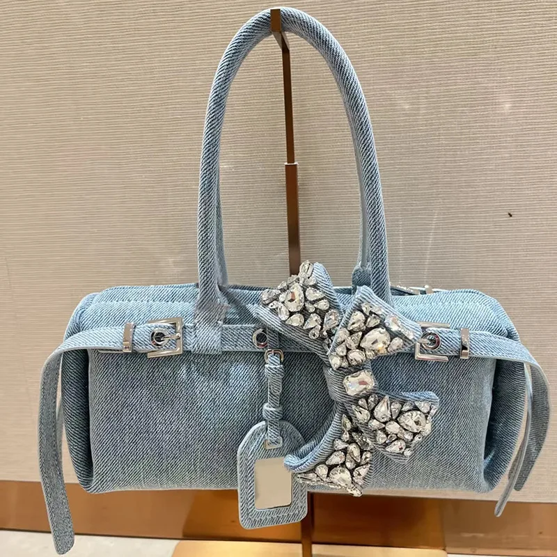 

Denim Boston Handbag Shiny Diamond Bow Tote Bag Retro Design Fashion Shoulder Underarm Bag Women
