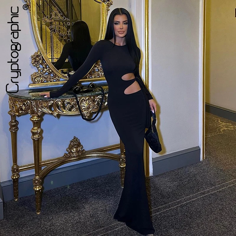 Kryptograficzna elegancka modna seksowna strona wycięta sukienka Maxi z długim rękawem sukienki bandażowe typu Bodycon krawat detale suknia wiosenne stroje dla kobiet