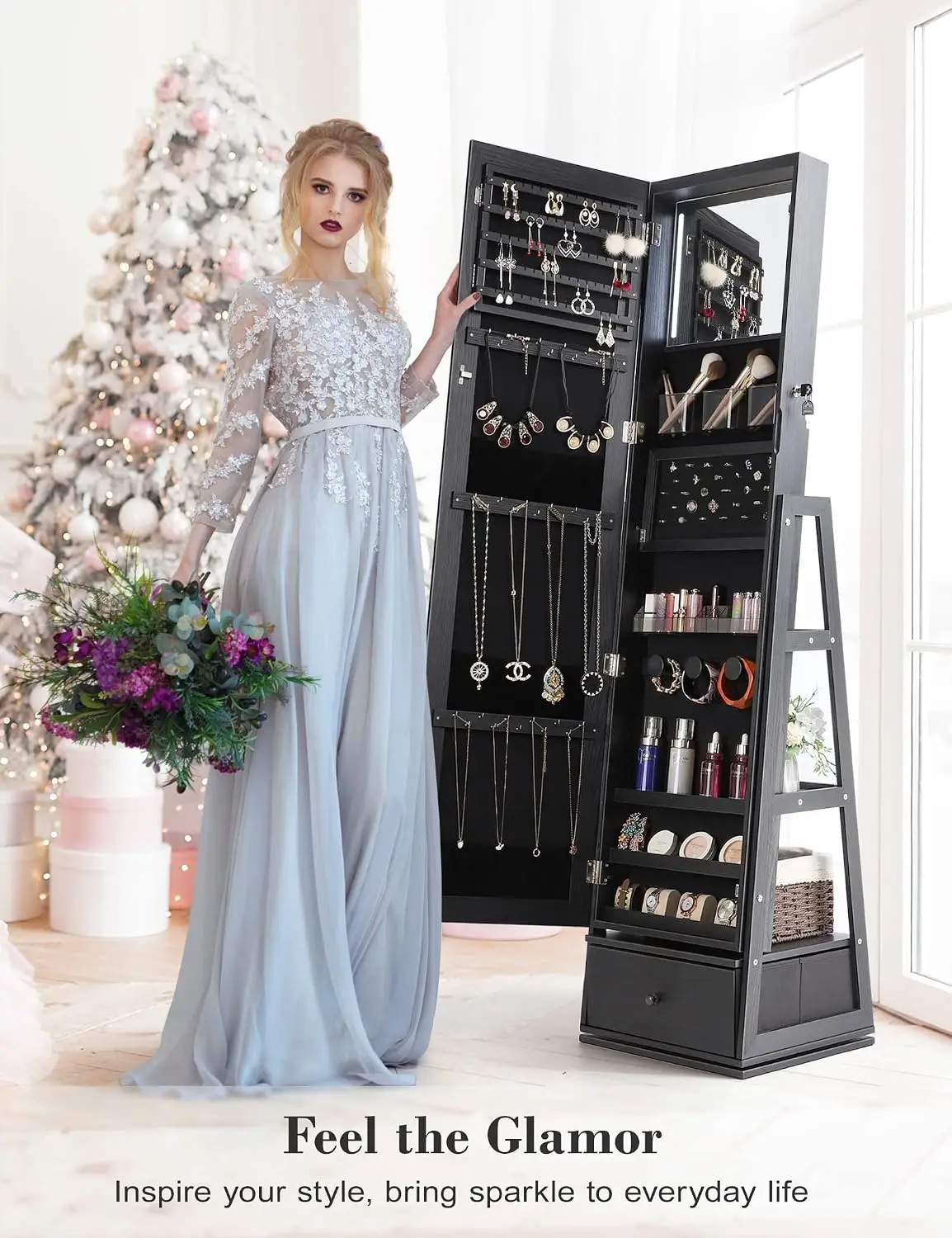Black Full Length Mirror 360 Swivel Lights Jewelry Cabinet