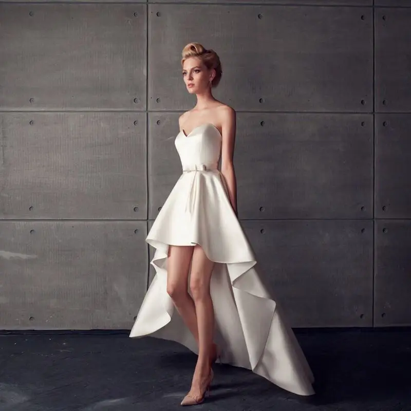 Vestidos de novia de satén con lazo para mujer, vestidos de novia de playa, Frente corto, espalda larga, Simple, sin tirantes, una línea de corazón, Formal