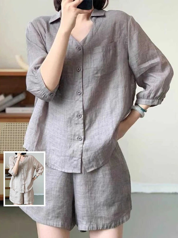 

Ele Color Mom, повседневный комплект из двух предметов, женский воротник с семисторонним воротником, тонкий и широкий рост, модный летний наряд