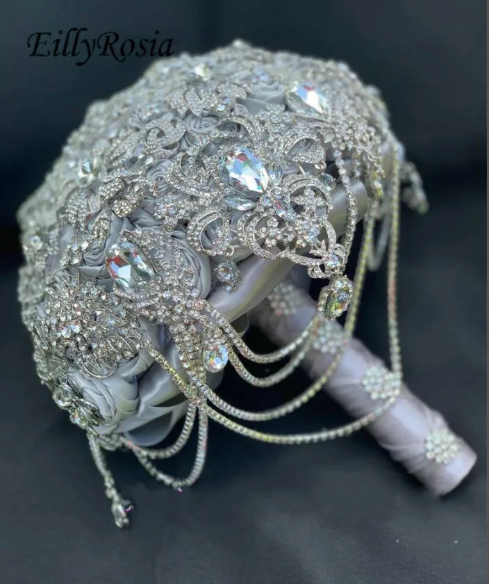 

EillyRosia Silver Gray Luxurious Bridal Bouquet Brooch Jewelry Sparkling Bling Expensive Silk Wedding Bouquet Sequined Tassel