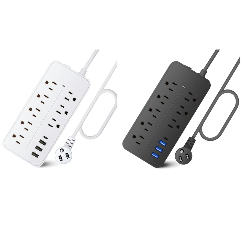 12 in 1 Power Strip Protector Flat Plug with 8pcs Widely-Spaced Outlets & 3x USB Ports +1pc Type-C