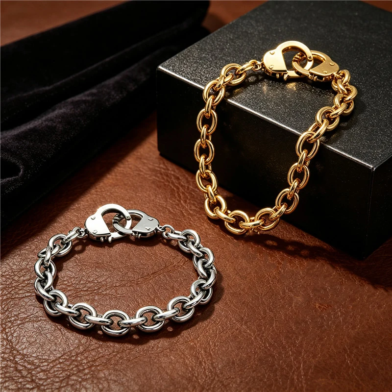 Kalen Edelstahl-Handschellen-Armband für Männer, Punk-Stil, Polierte Ovale Kette, Rock-Biker-Party-Schmuck, Geburtstagsgeschenk – Detail 6