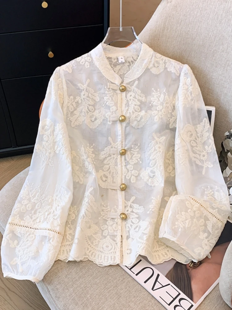 

New Chinese Style Long Sleeve White Shirt Women's Spring Autumn plus Size Lace Embroidery Button up Top Casual Loose Fit