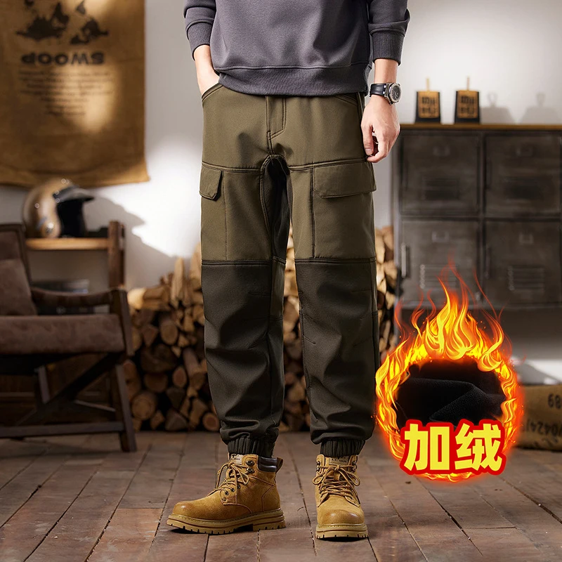 Men's Retro Tactical Work Pants with Winter Fleece Trendy Leg Binding Multi Pocket Color Block Casual Functional Trousers