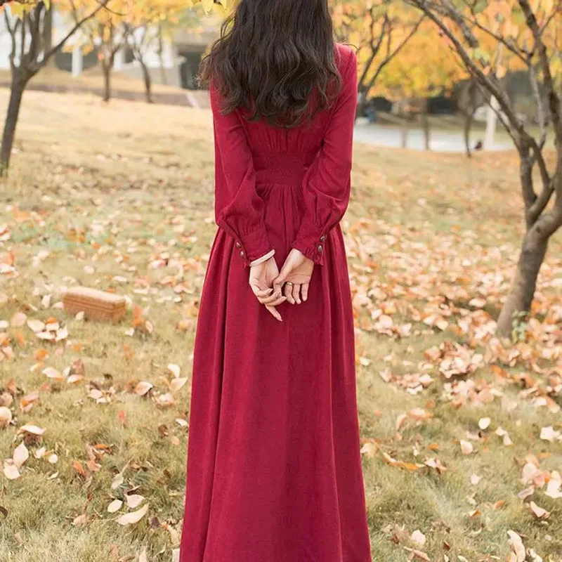 2021 new knitting Cotton Office Lady Sheath French style temperament retro red corduroy dress for women autumn winter