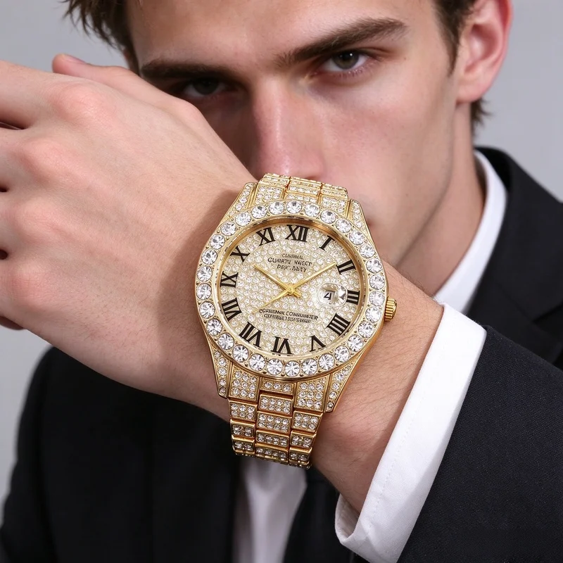 Luxury Gold Iced Out Rhinestone Quartz Wristwatch Unisex Sparkling Diamond Calendar Daily Wear Watch