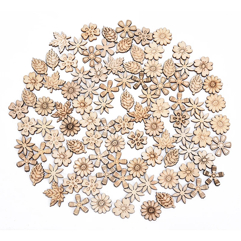 100pcs Mix Wooden Pieces Creative Flower Leaves Cutouts Slice For DIY Wooden Art Decoration Home Party Doodle Scrapbooking