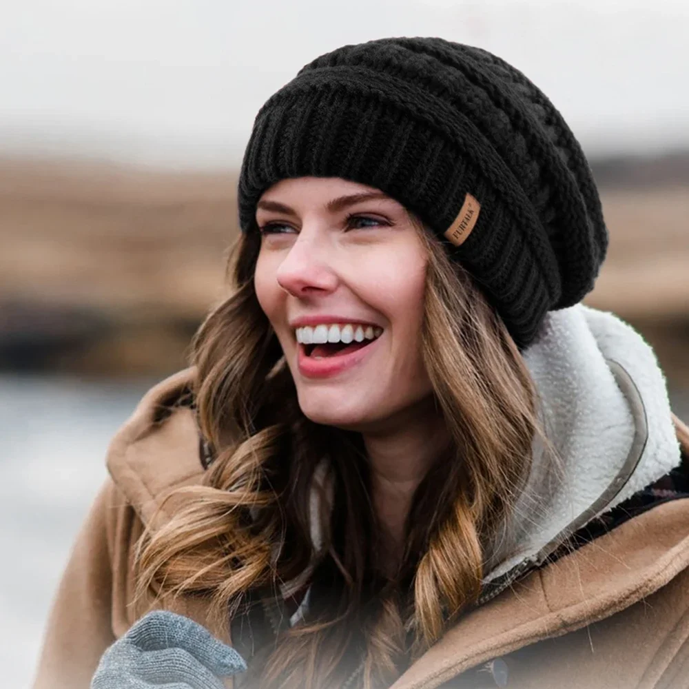 Winter Satin Lined Beanie Hat for Women Cable Knit Chunky Slouchy Beanies Lady Double Layer Skull Warm Cap Fashion