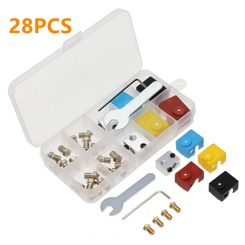 

28PCS 3D Printer Accessories E3D V6 Brass Nozzles Heating Block Silicone Sleeve and Wrenchs 3D Printer Extruder Accessory Kit