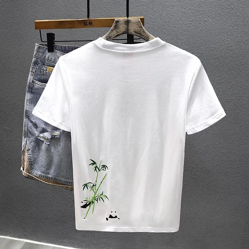 2024 Summer Chinese Style Panda Short Sleeve Men O Neck T Shirt Fashion Harajuku Simple 2xl Oversized Couple Clothes Black White