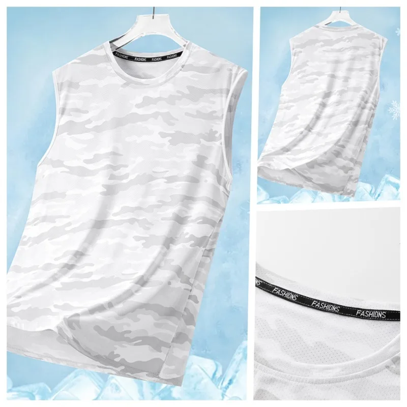 Summer Men's Fashion Trend Ice Silk Breathable Tank Top Outdoor Volleyball Sports Sweat Absorbing Quick Drying Sleeveless Tshirt