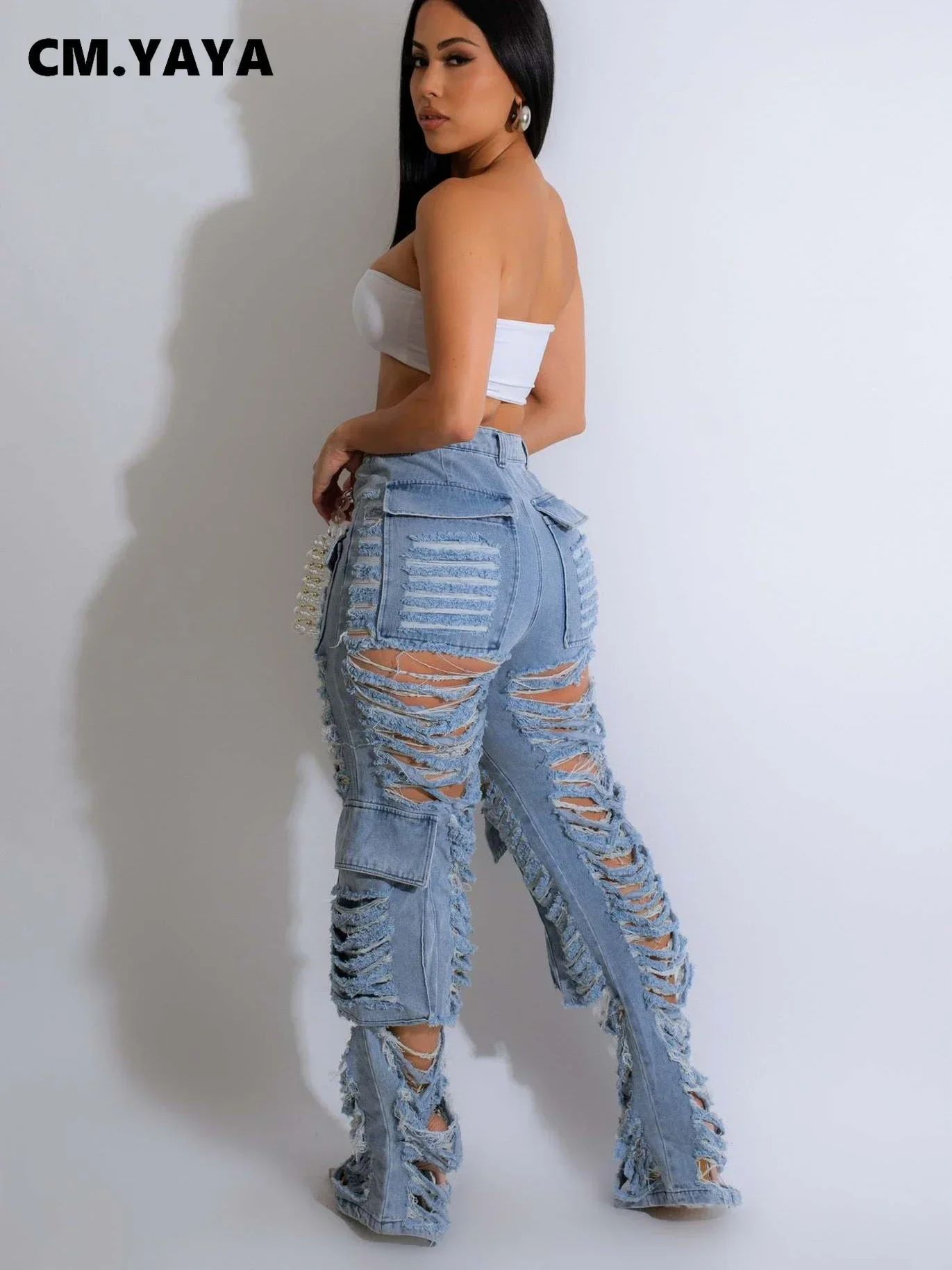 Women Streetwear Ripped Out Tassel Hollow Out Cargo Straight Denim Pants 2024 INS Fashion Wide Leg Jeans Trousers