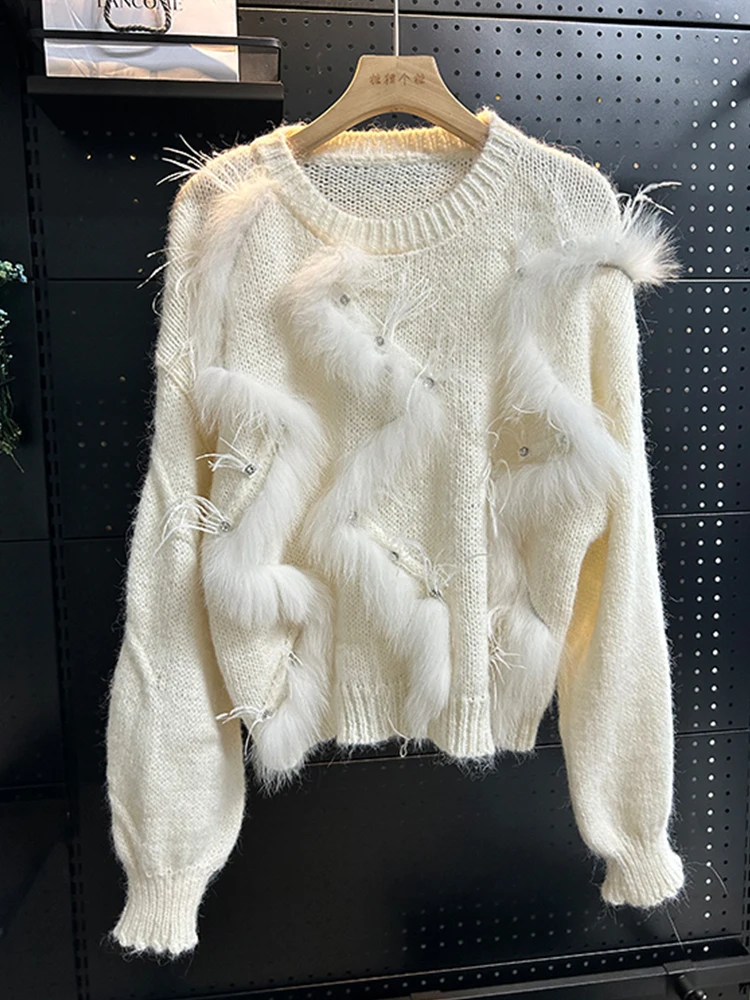 

New Fashion Women's Autumn Real Fox Fur Knitted Jacket Sweater Coat Long Sleeves O-Neck Streetwear Outerwear