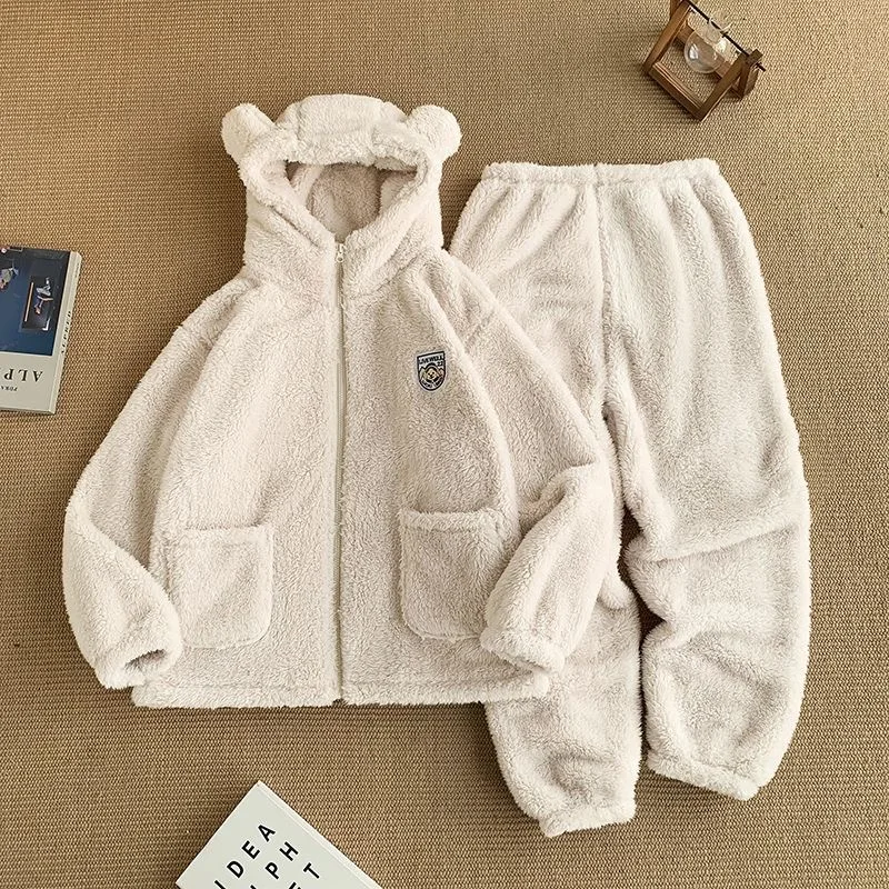

Kawaii Teddy Bear, белые пушистые пижамные комплекты, милая одежда для сна с капюшоном, женская плюшевая теплая толстая рождественская одежда для дома Y2K, пушистая ночная рубашка