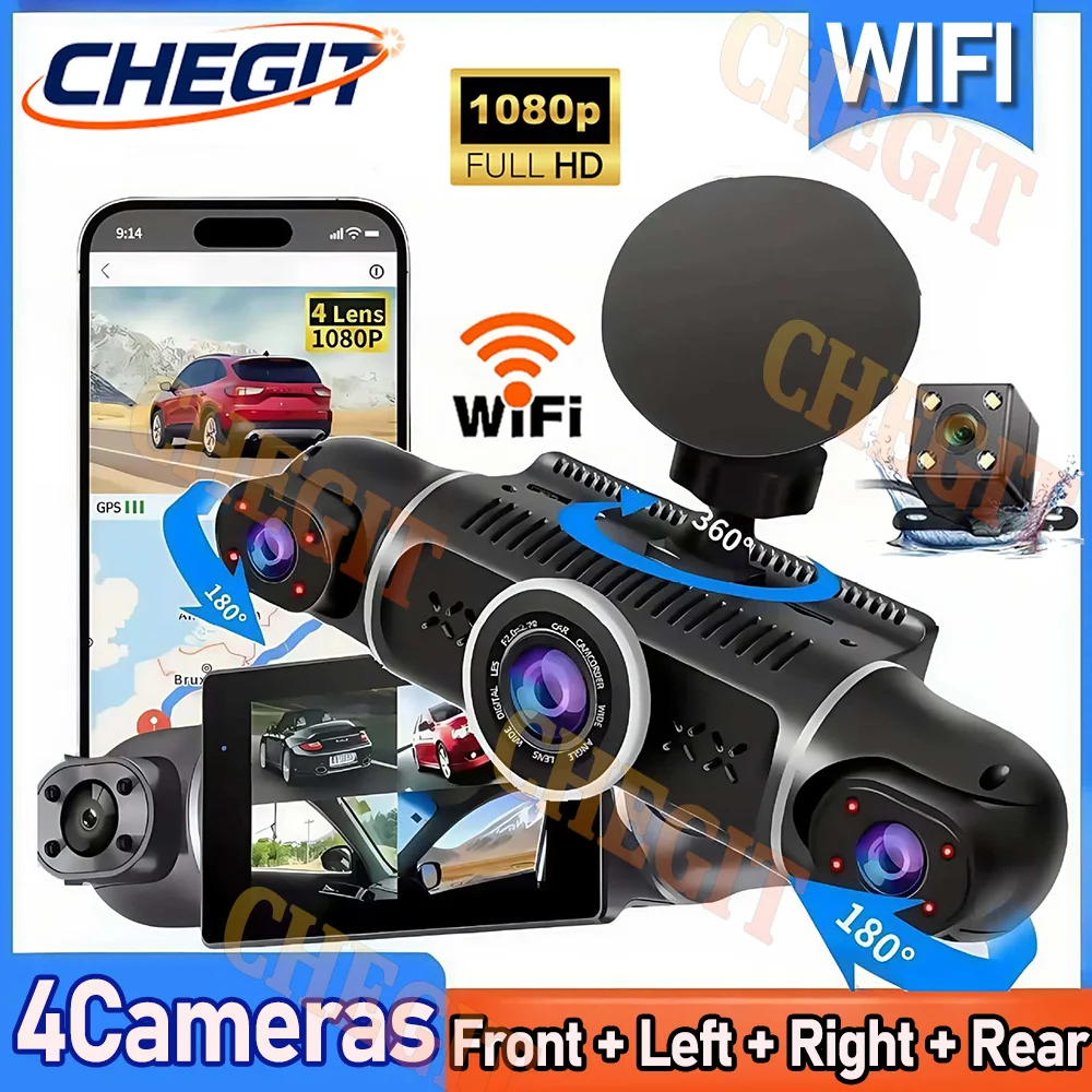 NEUE WiFi 360 Grad 4 Kameras Dash Cam Auto DVR Video Recorder 4 Kanal Vorne Rückansicht Nachtsicht Black Box DVR für Fahrzeug