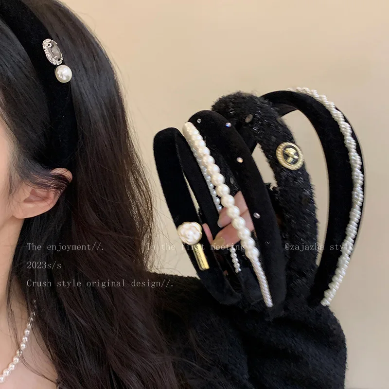 1pc Korean Chic Pearl Velvet Headband High Crown Volume Lifting Hair Hoop for Women Daily Outing Versatile