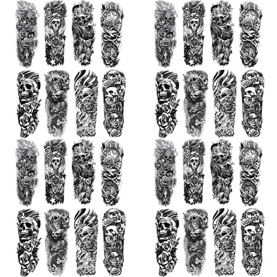 

Skull Sleeve Tattoo Stickers Fake Black Skull Full Arm Temporary Tattoos Sleeves for Adult Kids Women Makeup, 8-Sheet