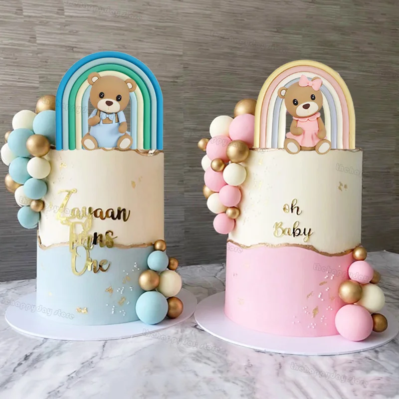 

1 Set Pink Blue Bear Cake Toppers Balls Boho Rainbow Cake Topper Bear Birthday Cake Decorations Gender reveal Welcome Baby Decor