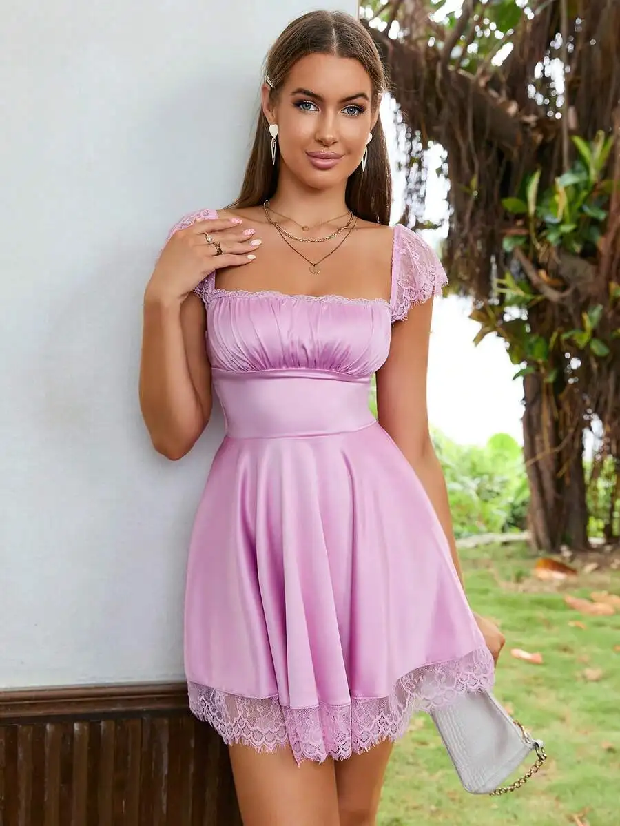 

Lace Trim Ruched Bust Mini Dress Elegant A-Line Women