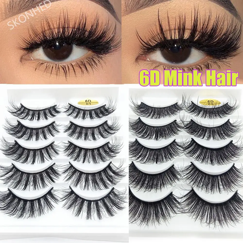 SKONHED 5 Pairs Woman's Fashion Wispy Flared Natural Long 6D Faux Mink Hair Crisscross Eye Lash Extension False Eyelashes