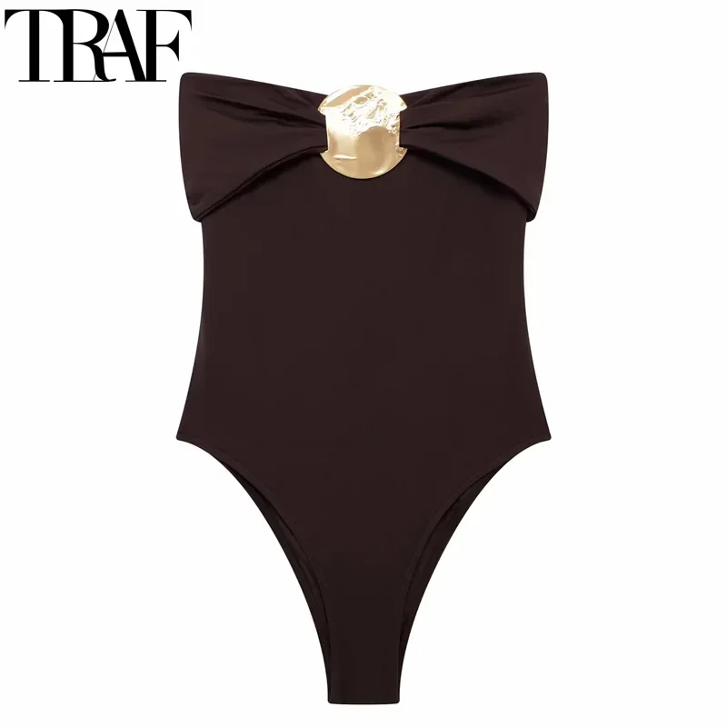 TRAF Sexy Women's Bodysuits Off Shoulder Black Bodysuit Women Summer 2024 Backless Strapless Bodycon Brown Body Woman Swimsuit