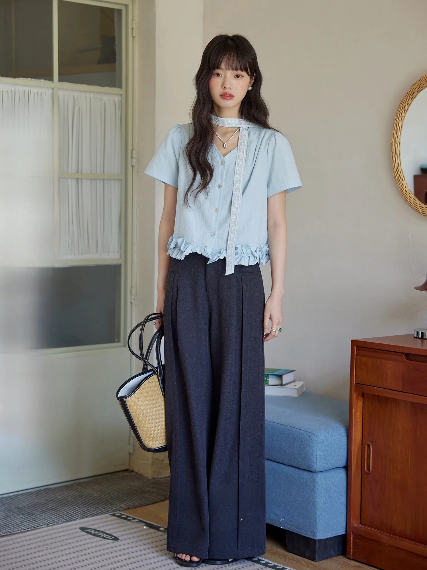 

ORWhite Vintage Wood Grain Ruffle Short Shirt Women's V-neck 3D Petal Sash Design Sweet Cotton Blend Summer Casual Blouse