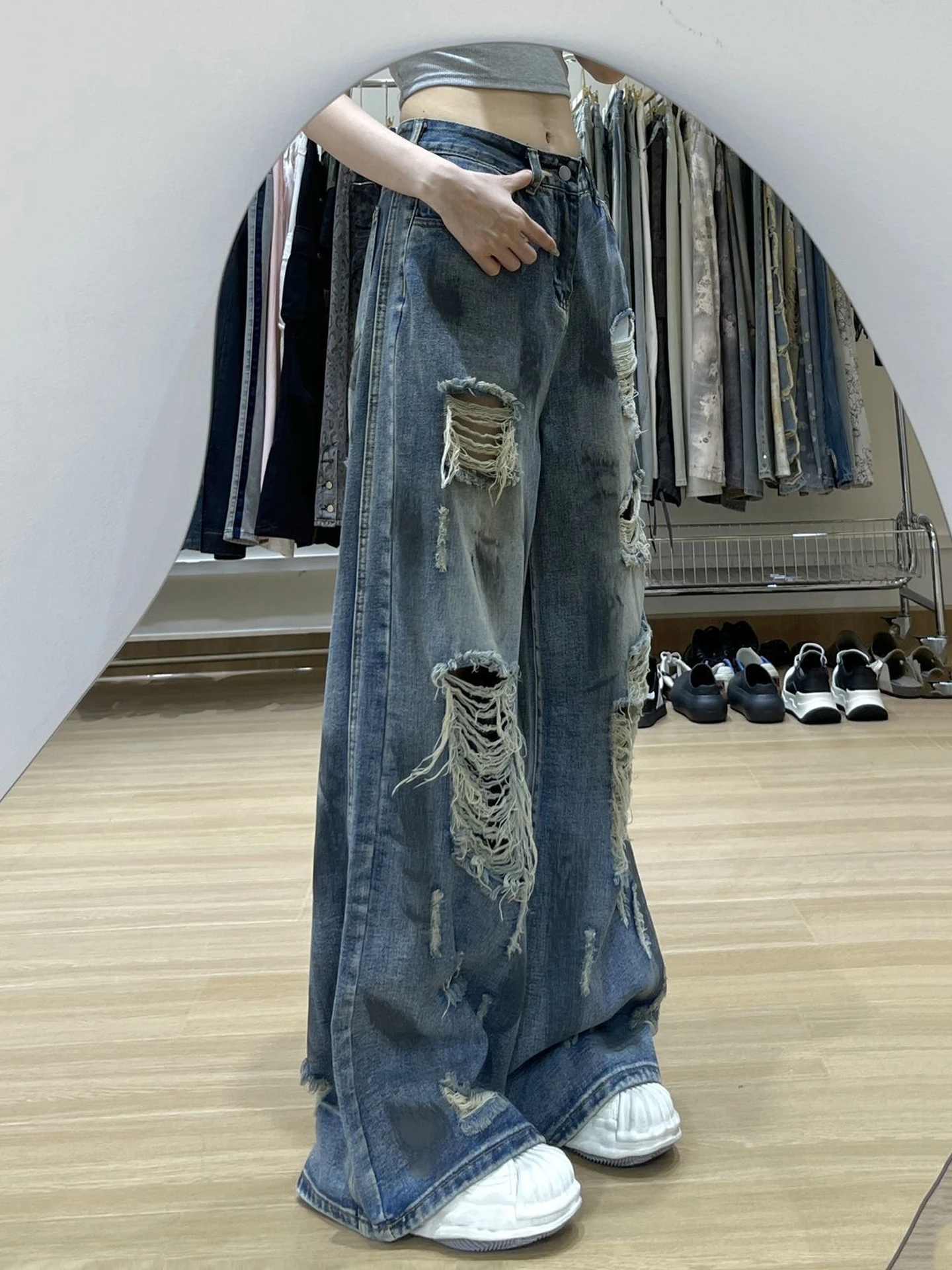 

American Design High Waist Wide Leg Jeans Women's Summer New Loose Slimming Casual Floor-Length Pants Hole Design
