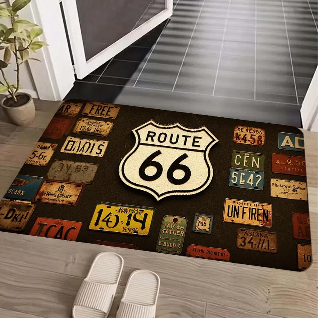 VIKAMA Vintage Route 66 License Plate Doormat, Soft Short-Pile Imported Carpet, Non-Slip Absorbent Bathroom Mat, Home Decor