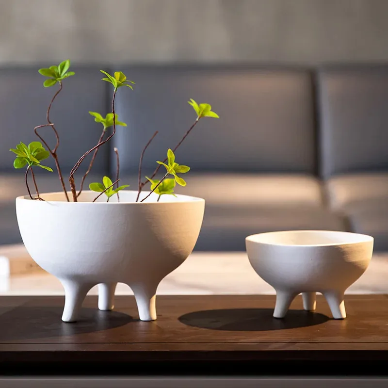 White Ceramic Flower Pot Tripod Fruit Bowl Desktop Storage Container Flower Vase Floral Arrangement Accessories Flowerpot
