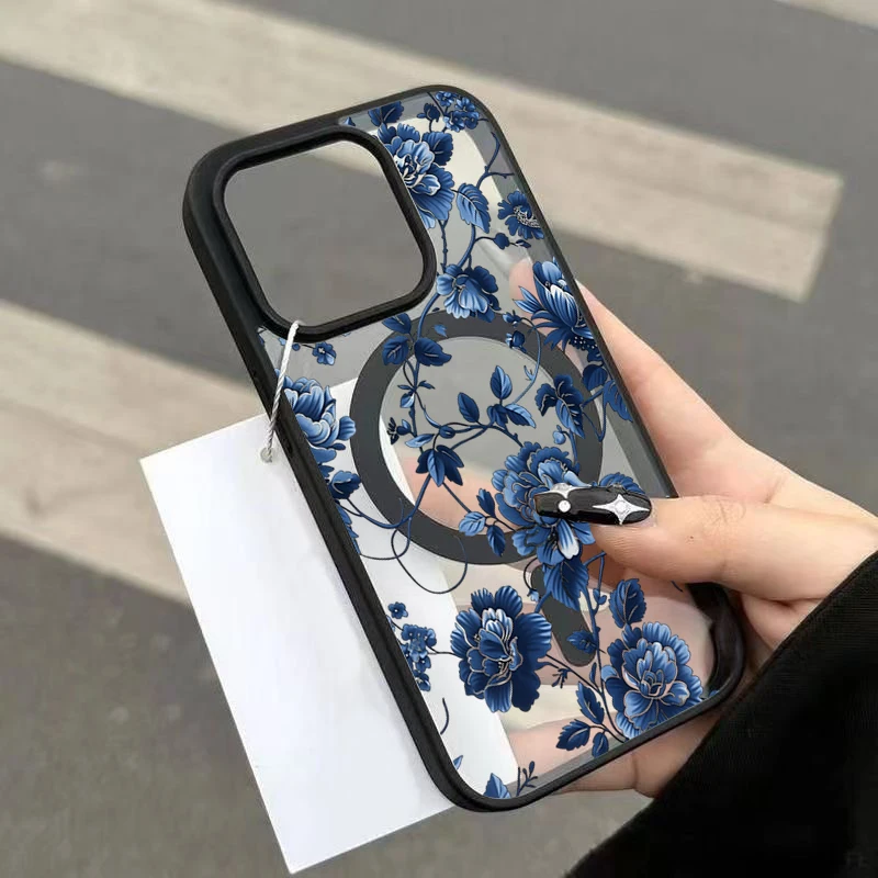 Luxury Vintage Blue Floral Magnetic Phone Case for iPhone 17 16 15 Pro Max 14 Plus 13 12 11 16 Pro 16E 17E Air Shockproof Cover - view 6