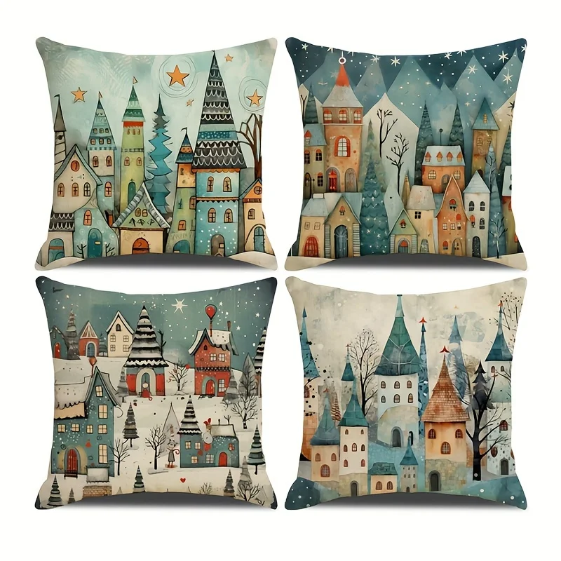 Linen Christmas Single Sided Printed Pillowcase For Home Outdoor Sofa Decoration Home 、Living Room Sofa Bedroom Zipper