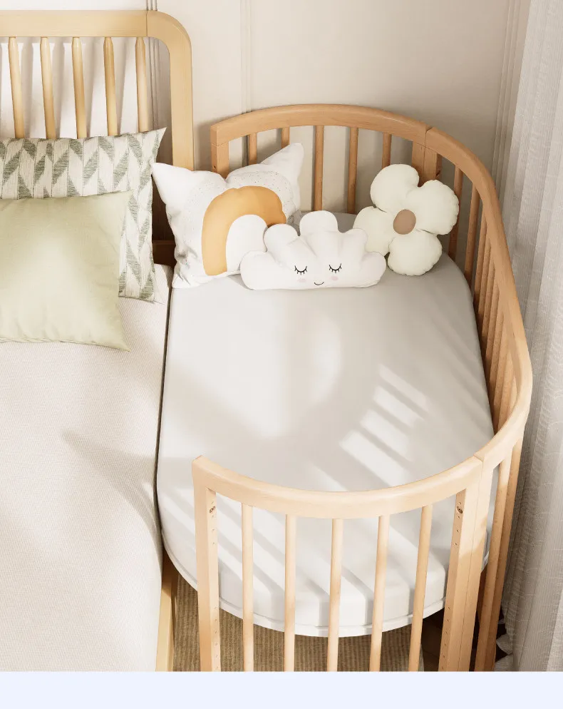 Babyfond Solid Wood Round Crib Multifunctional Movable Attachable Side‑Sleeper Cradle Bed with Lockable Wheels Newborn