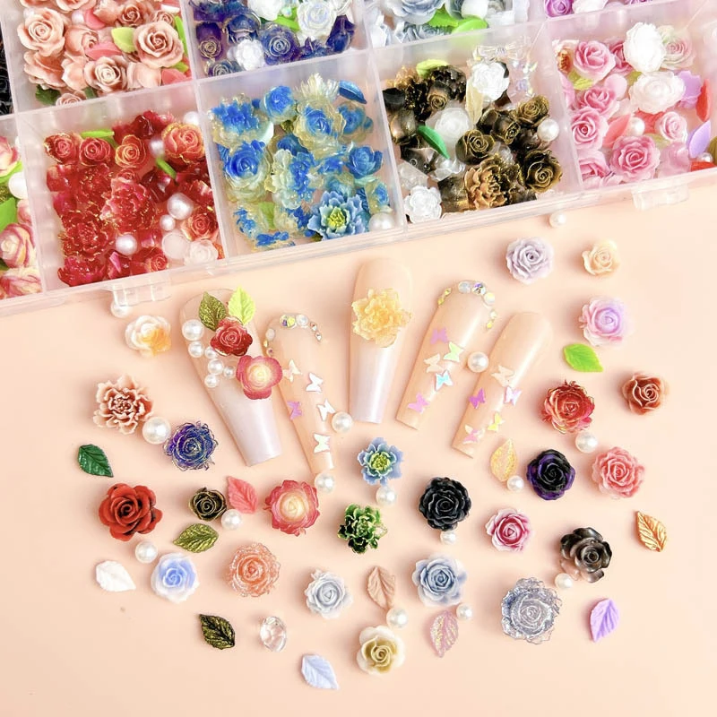 Kit de 24/42 rejillas para decoración de uñas, flores 3D, hojas de resina mezcladas, cuentas de perlas, dijes de mariposa, juego de decoración de manicura, salón artesanal DIY