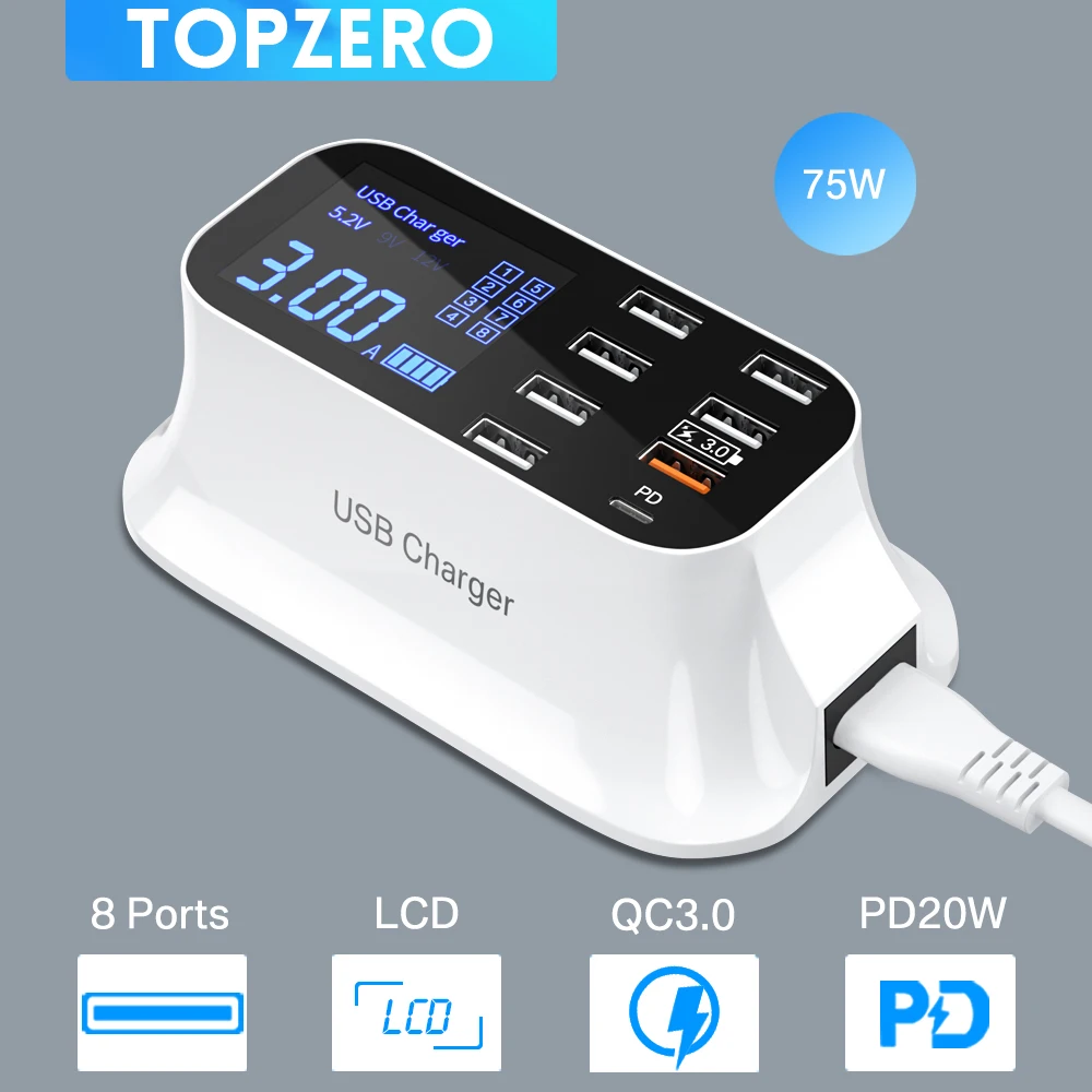 

75W USB Charger Multiple Ports Charging Station QC3.0 PD 20W Fast Charge Type C USB C Charger For iPhone 12 mini 13 Pro Samsung