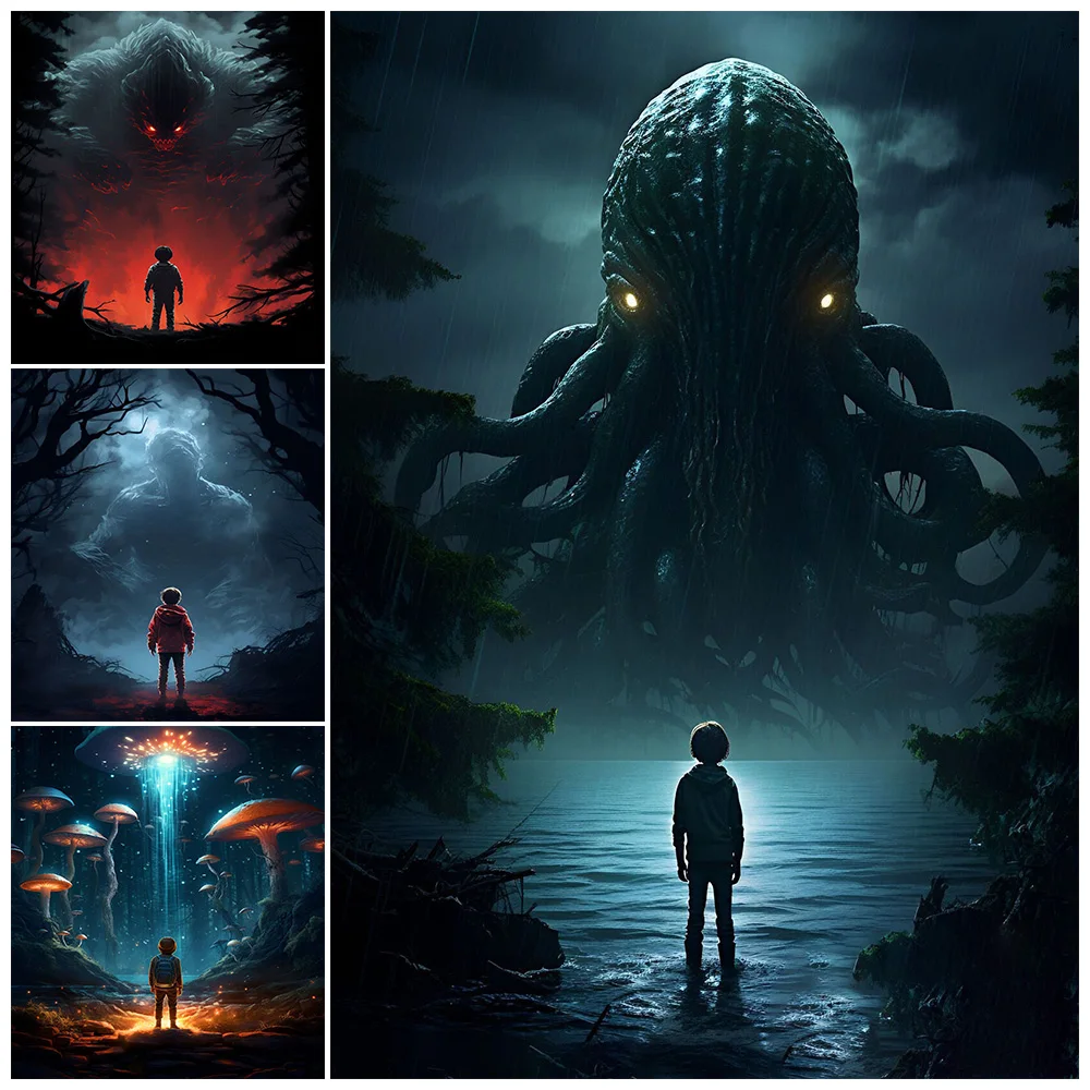 

Cthulhu Kraken Creature,Vintage Wall Art,Canvas Painting,Whimsical Horror Art,Monster Poster And Print, Home Decoration Unframed