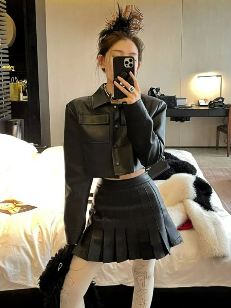 Autumn Korean Leather 2 Piece Sets Women Outfits High Street Chic Biker Leather Jacket Casual Folds Mini Skirt Ladies Sexy Sets