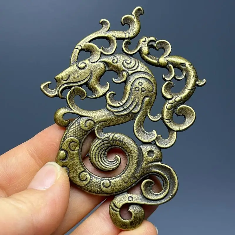Vintage Openwork Copper Dragon Token Pendant Chinese Folk Antique Style Hollow Carved Mythical Beast Necklace Charm Collectible