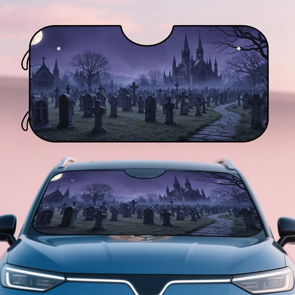 1pc, Halloween Themed Car Sunshade With Foldable Design And Graveyard Spooky Night Cemetery Moonlight Elements, Fits Most Windsh