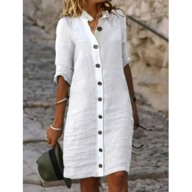 

Women's Solid Cotton Linen Mini Shirt Dress Summer New Fashion Single Breasted White Dress Ladies Casual Holiday Vestidos Dress