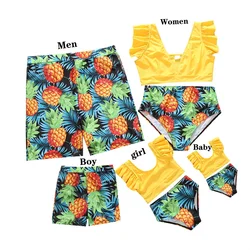 Family Matching Swimsuits Summer Ruffle Sleeve Boys Girls Pineapple Full Print Yellow Swimwear Family Look Swim Sets For Couple