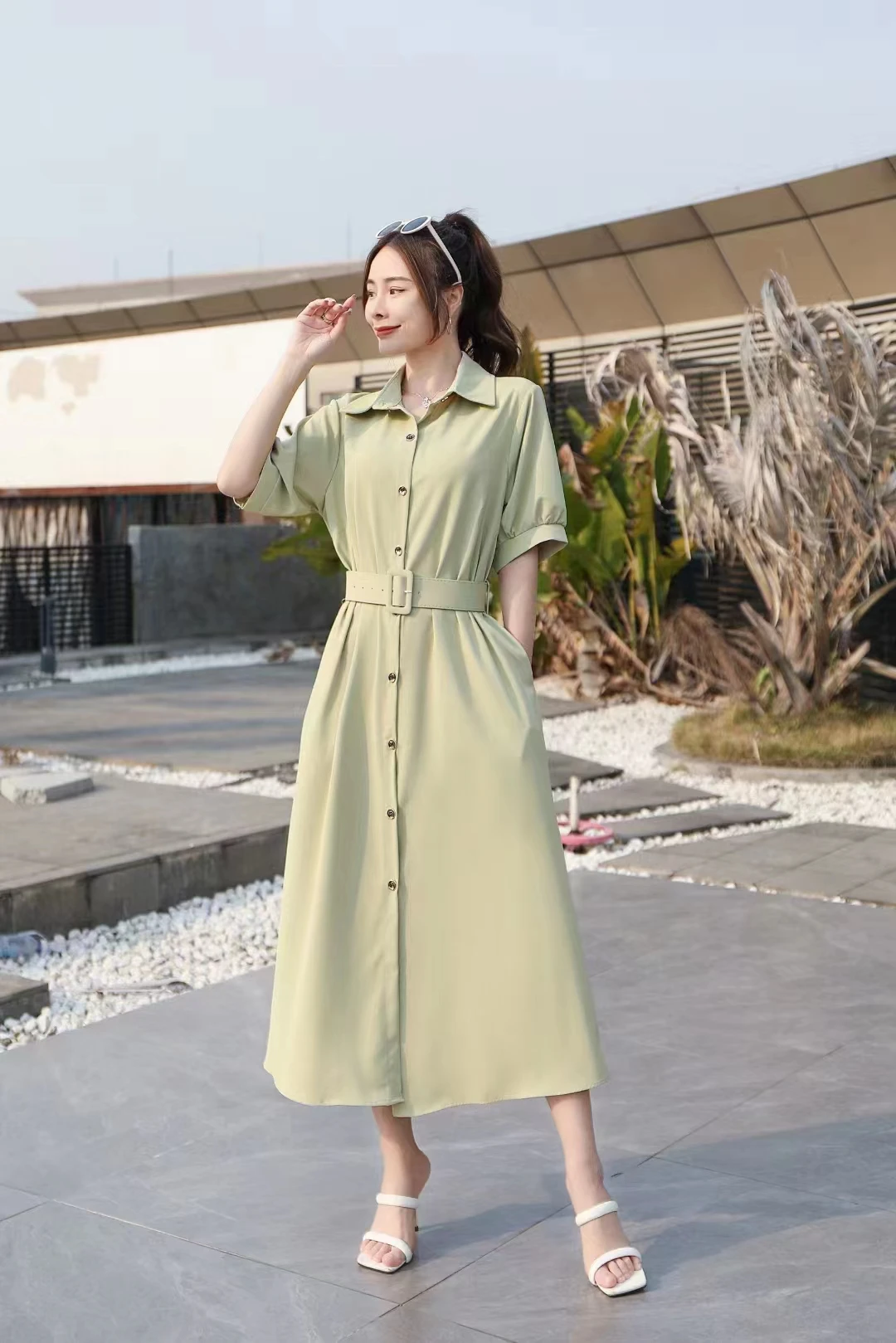 Summer Women Turn-down Collar Short Sleeve Belt Slim Long Dress Korean Fashion Big Hem Solid Color Single-breasted Office Dress image 2